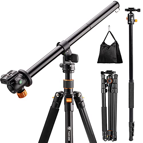 TARION Statyw fotograficzny z poziomą środkową kolumną, aluminiowy, statyw podróżny z głowicą kulową 360°, płytką szybkiej wymiany i torbą, przebudowa w statyw jednonożny (statyw + ramię wysięgnika)