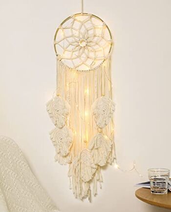 Shinowa Okrągły łapacz snów, bawełna tkana ozdoba ścienna z łańcuchem świetlnym i 5 listkami frędzlami, makrama, dekoracja ścienna, styl boho, w kształcie gwiazdy, łapacz snów, do sypialni, salonu, na wesele, beżowy