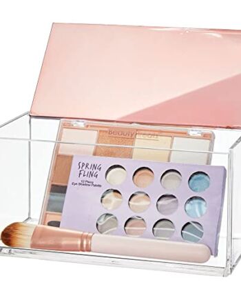 mDesign Organizer na kosmetyki do makijażu lub biżuterię – Plastikowe pudełko na kosmetyki z zamykaną pokrywką – Elegancki pojemnik do przechowywania – Przezroczysty/różowe złoto