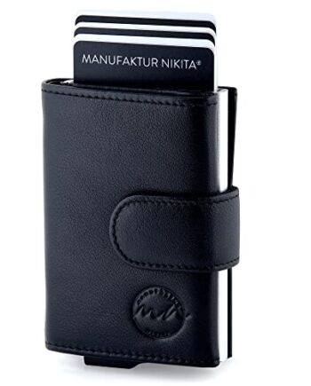 Manufaktur Nikita® etui na karty kredytowe, certyfikat TÜV, ochrona RFID, portfel na 10 kart i kieszonka na banknoty, dla kobiet i mężczyzn, z pięknym pudełkiem na prezent, czarny