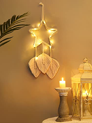 Shinowa Łapacz snów w kształcie gwiazdy, bawełniany, tkany, wiszący łapacz snów z łańcuchem świateł, makrama, dekoracja ścienna, artystyczna, kreatywny frędzle, wiszące do domu, boho, ozdoba rzemiosło, beżowy - obrazek 7