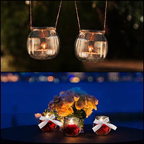 BELLE VOUS Zestaw przezroczystych szklanych świeczników na świeczki typu tealight z białą tasiemką (opakowanie 12 szt.) – szklane wazony do dekoracji stołu w stylu vintage, na wesela, imprezy, do dekoracji domu, jako dekoracja stołu i prezent - obrazek 4