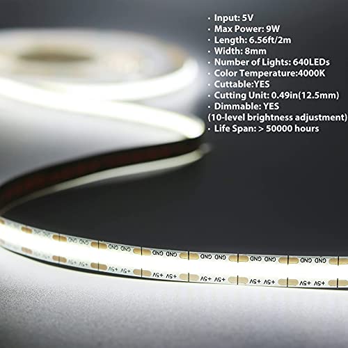 PAUTIX Taśma LED COB USB 5V zimna biel 2m 640LED 6000K,możliwość ściem - obrazek 2