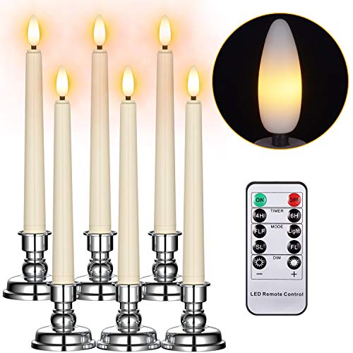 Ymenow Świece okienne, 6 szt. zasilane na baterie, bezpłomieniowe migoczące świeczki LED z pilotem zdalnego sterowania, timer, srebrny świecznik i knot 3D, bateria na kolację, do domu, na wesele dekoracja - obrazek 3
