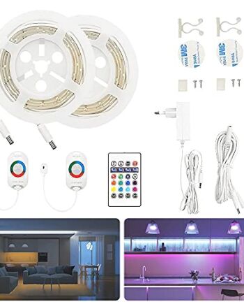 AveyLum taśma LED z czujnikiem ruchu RGB, wielokolorowa lampka nocna, przyciemniana listwa oświetleniowa z czujnikiem ruchu, 2 x 1,5 m długości z pilotem zdalnego sterowania, timer