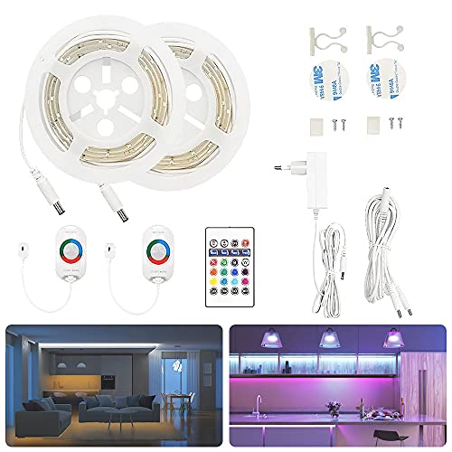 AveyLum taśma LED z czujnikiem ruchu RGB, wielokolorowa lampka nocna, przyciemniana listwa oświetleniowa z czujnikiem ruchu, 2 x 1,5 m długości z pilotem zdalnego sterowania, timer