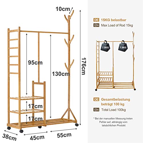 Yorbay wieszak garderobiany, bambusowy wieszak na ubrania z kółkami i drążkiem na ubrania, 3 półki, 6 haczyków, kształt drzewa, 100 x 38 x 176 cm, naturalny - obrazek 8