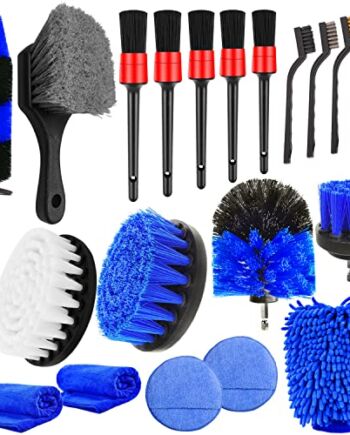 Yumzeco 20-częściowy zestaw szczotek do czyszczenia samochodu: szczotka do felg aluminiowych, zestaw szczotek do odtłuszczania samochodu, szczotka do wiercenia, szczotka do opon z krótką rączką, rękawica do mycia samochodu, mała szczotka druciana, polerka samochodowa, ściereczka do kurzu samochodowego