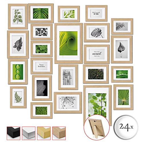 bomoe 24szt Zestaw ramek na zdjęcia Nature - Multi Ramka na zdjęcia Drewno i szkło plastikowe - Ramka na zdjęcia kolaż na galerię ścienną 10x 10x 10,5x15cm / 8x 13x18cm / 4x 15x20cm / 2x 20x30cm - Dębowa ramka na zdjęcia