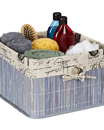 Relaxdays Kosz do przechowywania, bambus i poliester, 20 x 31 x 31 cm, schludny regał z otworem na uchwyt, podszewka z tkaniny, szary/kremowy