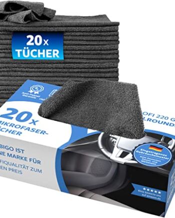 Carbigo® Pudełko z 20 profesjonalnymi ściereczkami z mikrofibry – chłonne chusteczki do czyszczenia samochodu dzięki miękkiej mikrofibrze – praktyczne ściereczki z mikrofibry do samochodu i gospodarstwa domowego – ściereczki z mikrofibry do samochodu 25 x 25 cm
