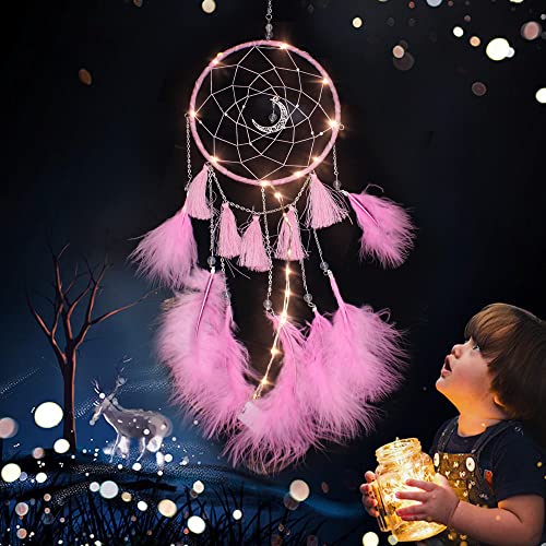 PLCatis Łapacz snów z oświetleniem LED (bez baterii), różowy, łapacz snów, 60 cm, z piórami, piękny łapacz snów, do pokoju dziecięcego, sypialni, przedszkola, dekoracja - obrazek 6