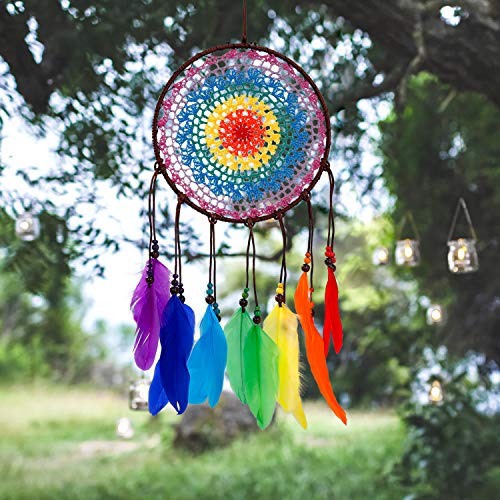 Heveer Łapacz snów duży ręcznie robiony łapacz snów z kolorowymi tęczowymi piórami dekoracja ścienna do domu Boże Narodzenie festiwal rzemiosło prezent - obrazek 5
