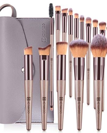 HEYMKGO Zestaw pędzli do makijażu, 15-częściowy w kolorze szampana, do podkładu, pudru, różu, korektora, makijażu oczu, z kosmetyczką ze sztucznej skóry