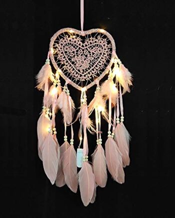 RAILONCH łapacz snów w stylu boho, w kształcie serca, ręcznie wykonany, lampa LED, ozdoba na ścianę, romantyczna dekoracja (kolor różowy, ze światłami)