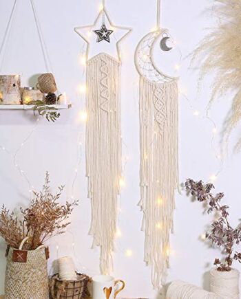 Makrama ścienna z oświetleniem LED, zestaw 2 sztuk, ręcznie wykonany łapacz snów, gwiazda i księżyc, tkany dywan ścienny, bohemska dekoracja do pokoju dziecięcego, na wesele, imprezę, ornamenty, prezenty do majsterkowania