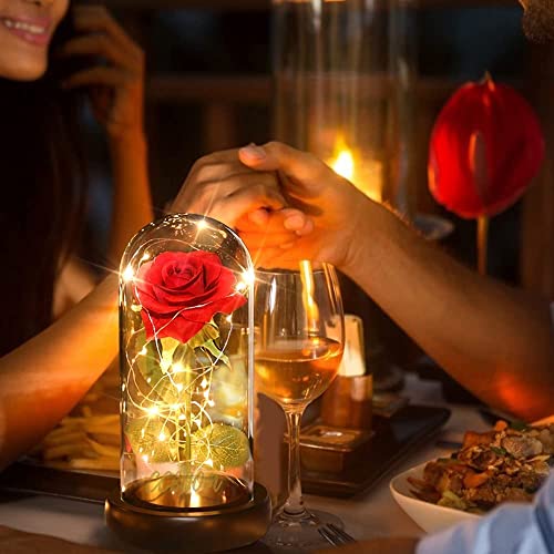 PIQIUQIU Świeczki LED "Piękna i Bestia" w szklanej kopule, zestaw róży wiecznej z jedwabiu, romantyczny prezent dla kobiet, na Boże Narodzenie, Walentynki, urodziny, wesele, rocznicę - obrazek 2