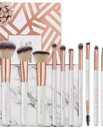 12-częściowy zestaw pędzli do makijażu w kolorze różowego złota | z pędzelkiem do podkładu, pędzlem do pudru, pędzel do makijażu oczu zestaw z torbą do przechowywania w szykownym marmurowym wzornictwie, Lily Englia