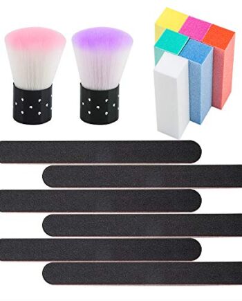 2 szt. miękka szczotka do czyszczenia paznokci, YuCool przenośna krótka rączka pędzel do makijażu do akrylowego usuwania kurzu do paznokci narzędzia do usuwania paznokci z 6 szt. blokiem buforowym i 6 szt. pilników do paznokci - fioletowe, różowe