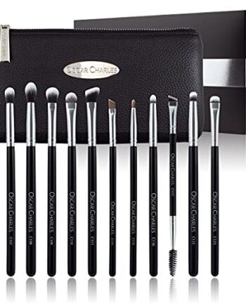 Oscar Charles 12 Kawałek Luxe Profesjonalny zestaw pędzli do makijażu oczu, kompletny zestaw damskich pędzli do makijażu oczu, w tym luksusowa kosmetyczna kopertówka - srebro
