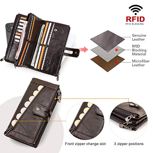 Contacts Portfel z prawdziwej skóry dla mężczyzn, duża pojemność rozkładana książeczka czekowa organizer sprzęgło, 3 torebki na zamek błyskawiczny długi portfel z 12 przegródkami na karty (kawowy), Kawa, Jeden rozmiar, Vintage - obrazek 5