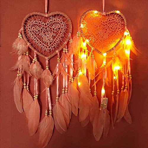 RAILONCH łapacz snów w stylu boho, w kształcie serca, ręcznie wykonany, lampa LED, ozdoba na ścianę, romantyczna dekoracja (kolor różowy, ze światłami) - obrazek 6