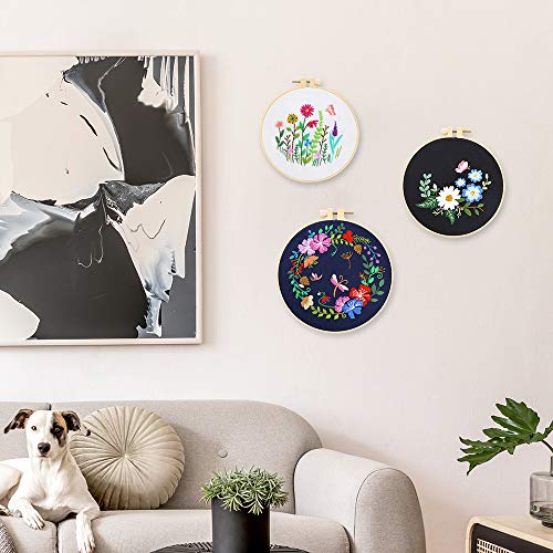 Pllieay 3 zestawy startowe do haftowania dla początkujących, z wzorami i instrukcjami (mogą nie być dostępne w języku polskim), w tym hafty z motywem kwiatowym, 3-częściowa ramka do haftowania wykonana z tworzywa sztucznego, kolorowe nici i narzędzia. - obrazek 2