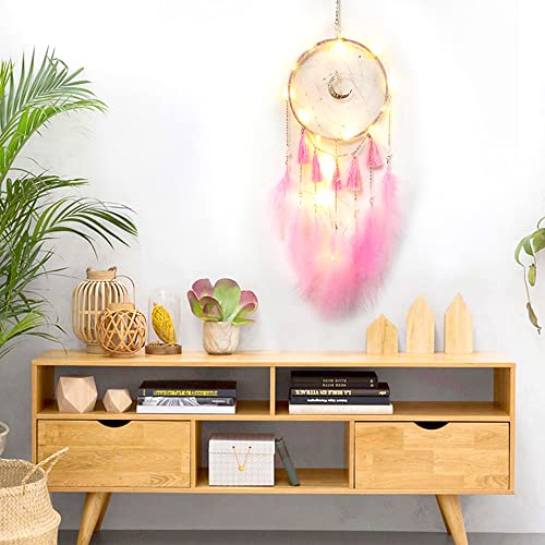 PLCatis Łapacz snów z oświetleniem LED (bez baterii), różowy, łapacz snów, 60 cm, z piórami, piękny łapacz snów, do pokoju dziecięcego, sypialni, przedszkola, dekoracja - obrazek 4