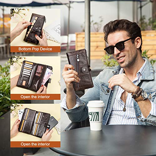 Contacts Portfel z prawdziwej skóry dla mężczyzn, duża pojemność rozkładana książeczka czekowa organizer sprzęgło, 3 torebki na zamek błyskawiczny długi portfel z 12 przegródkami na karty (kawowy), Kawa, Jeden rozmiar, Vintage - obrazek 2