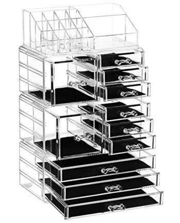 SONGMICS 4 w 1 XXL organizer na kosmetyki, organizer na kosmetyki z 11 szufladami i 15 przegródkami w różnych rozmiarach, antypoślizgowe wkładki, do makijażu i biżuterii, przezroczysty JKA017TP