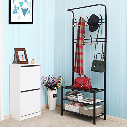 SONGMICS HSR04B wieszak na ubrania z 3 półkami na buty z 18 hakami, metalowy, czarny, 68,8 x 35,2 x 187 cm - obrazek 3