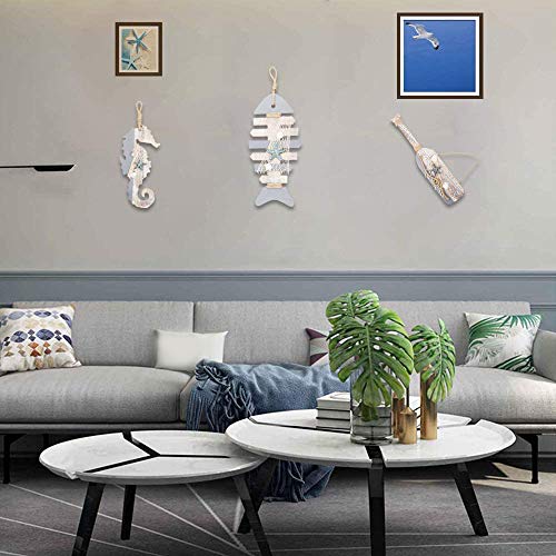 Smallterm Konik morski z drewna z gwiazdami morskimi i muszlami do dekoracji morskiej, dekoracja ścienna, ozdoba na plażę, temat, główna dekoracja - obrazek 6