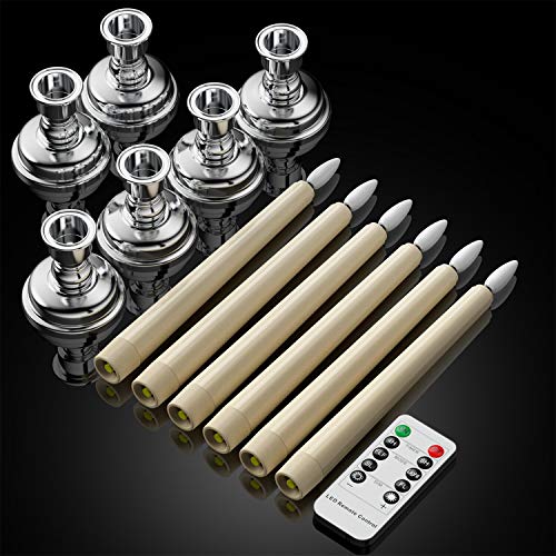 Ymenow Świece okienne, 6 szt. zasilane na baterie, bezpłomieniowe migoczące świeczki LED z pilotem zdalnego sterowania, timer, srebrny świecznik i knot 3D, bateria na kolację, do domu, na wesele dekoracja - obrazek 4