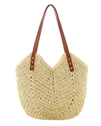 GSenhui Słoma torebka damska, koszykowa, letnia torba plażowa, duża, z zamkiem błyskawicznym, ręcznie wykonana słomkowa torba ze skórzanym paskiem na ramię, tkana torba na ramię, na plażę, w podróż, na zakupy