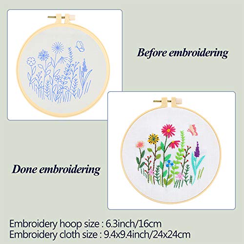 Pllieay 3 zestawy startowe do haftowania dla początkujących, z wzorami i instrukcjami (mogą nie być dostępne w języku polskim), w tym hafty z motywem kwiatowym, 3-częściowa ramka do haftowania wykonana z tworzywa sztucznego, kolorowe nici i narzędzia. - obrazek 5