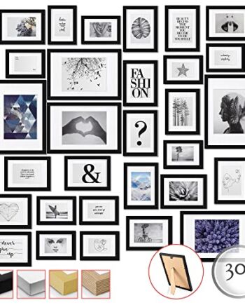 bomoe 30szt Zestaw ramek na zdjęcia Emotion - Ramka na zdjęcia Kolaż na ścianę - Multi Ramka na zdjęcia Drewno i szkło plastikowe - 10x 10x 10,5x15cm / 15x 13x18cm / 5x 20x30cm - Czarna Ramka na zdjęcia