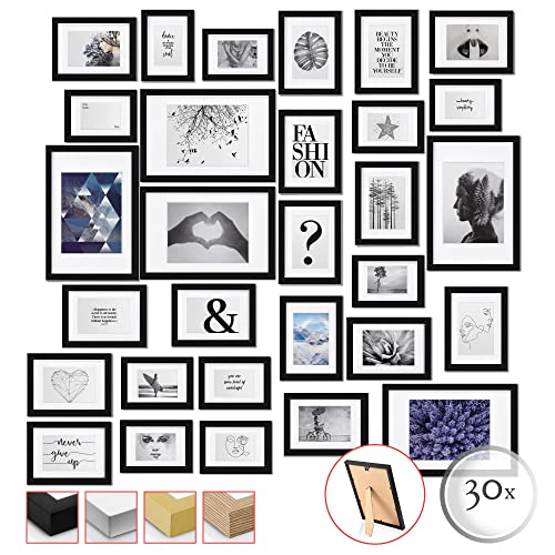 bomoe 30szt Zestaw ramek na zdjęcia Emotion - Ramka na zdjęcia Kolaż na ścianę - Multi Ramka na zdjęcia Drewno i szkło plastikowe - 10x 10x 10,5x15cm / 15x 13x18cm / 5x 20x30cm - Czarna Ramka na zdjęcia