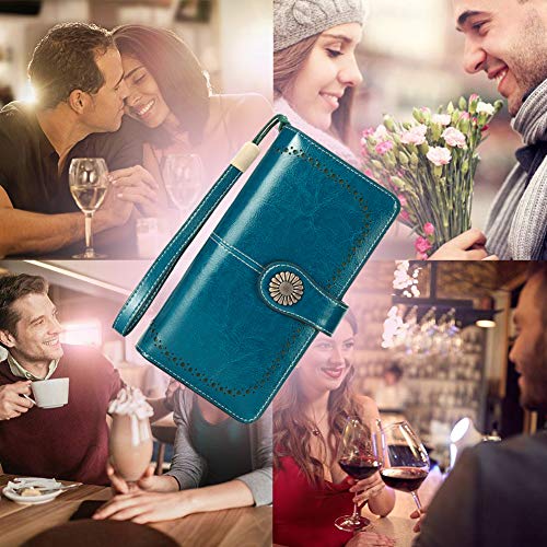 Teuen skórzany damski portfel o dużej pojemności, blokowanie RFID, z paskiem na nadgarstek, 26 przegródek na karty, portfel z zamkiem błyskawicznym, kieszeń na monety - obrazek 2