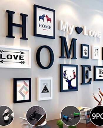 Zestaw 9 ramek na zdjęcia, z literami Home My Love, 4 rozmiary: 3 szt. - 8,8 x 12,8 cm, 2 szt. - 12,8 x 17,8 cm, 2 szt. - 19,8 x 24,8 cm, kreatywna dekoracja ścienna (Kolor: D) )