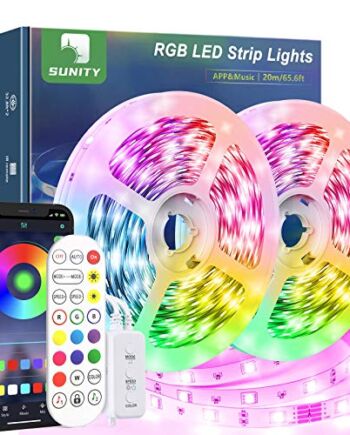 Sunity Taśma LED Bluetooth, 20 m, łańcuch świetlny RGB LED z funkcją muzyki, sterowanie aplikacją i pilotem zdalnego sterowania, samoprzylepna taśma LED z adapterem 24 V i kablem sieciowym 2,5 m