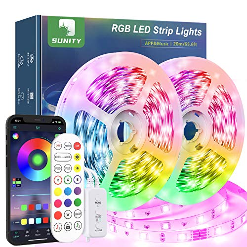 Sunity Taśma LED Bluetooth, 20 m, łańcuch świetlny RGB LED z funkcją muzyki, sterowanie aplikacją i pilotem zdalnego sterowania, samoprzylepna taśma LED z adapterem 24 V i kablem sieciowym 2,5 m