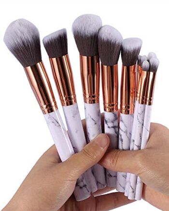 Pędzle do makijażu, Samfox 10 szt. profesjonalny zestaw pędzli do makijażu, marmurowe syntetyczne pędzle do podkładu premium, mieszanie pudru do twarzy, pędzle do cieni do powiek, zestaw pędzli z gąbką