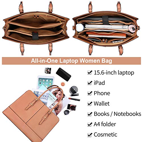 Lubardy Torby na laptopa dla kobiet 15,6 cala damska skórzana torba na laptopa torebki robocze damska torba na ramię biuro, Brązowy, L - obrazek 7