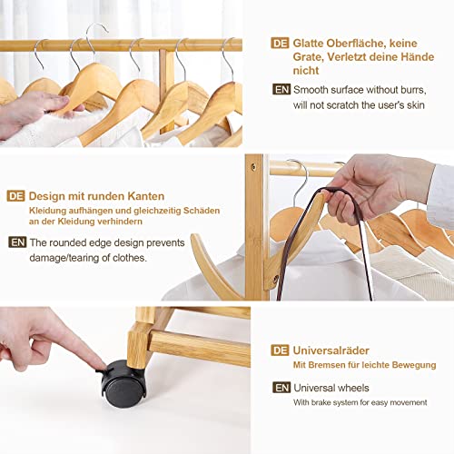 Yorbay wieszak garderobiany, bambusowy wieszak na ubrania z kółkami i drążkiem na ubrania, 3 półki, 6 haczyków, kształt drzewa, 100 x 38 x 176 cm, naturalny - obrazek 6