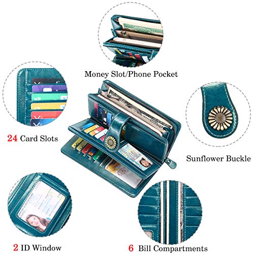 Teuen skórzany damski portfel o dużej pojemności, blokowanie RFID, z paskiem na nadgarstek, 26 przegródek na karty, portfel z zamkiem błyskawicznym, kieszeń na monety - obrazek 4