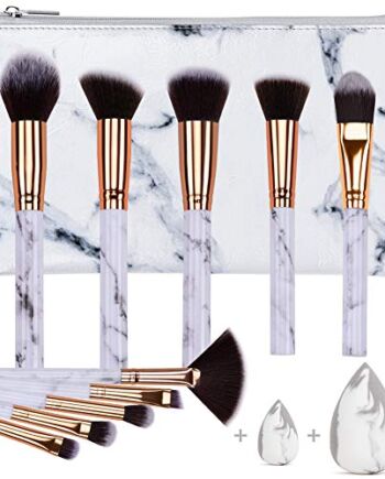 HEYMKGO Zestaw pędzli do makijażu kabuki profesjonalny zestaw pędzli do makijażu, miękkie i bezzapachowe, naturalne włosie syntetyczne, 10 sztuk + 2 gąbki + kosmetyczka z wzorem marmurowym