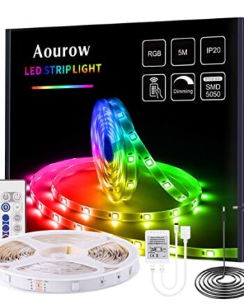 Aourow Taśma LED 5m,LED Taśmy RGB Zmieniające Kolor,Listwa Świetlna z 24-Klawiszowym Pilotem i Zasilaczem 12 V AC,150 Sztuk 5050SMD Elastycznych Taśm LED z Taśmą Samoprzylepną do Dekoracji DIY