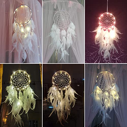 Hongyans Łapacz snów z oświetleniem LED, ręcznie wykonany, łapacz snów z piórami, dekoracja do sypialni, na wesele, ozdoba na ścianę, ornament, dla dziewczynek, dzieci, prezent - obrazek 2
