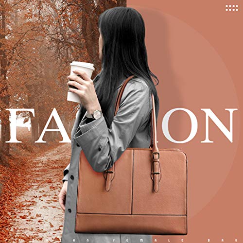 Lubardy Torby na laptopa dla kobiet 15,6 cala damska skórzana torba na laptopa torebki robocze damska torba na ramię biuro, Brązowy, L - obrazek 3