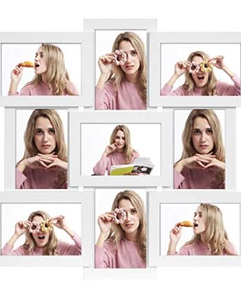 SONGMICS Ramki na zdjęcia kolaż na 9 zdjęć, 10 x 15 cm (4 x 6 cali), montowane na ścianie, zdjęcia wielorodzinne, MDF, szklany panel, biały RPF029W01